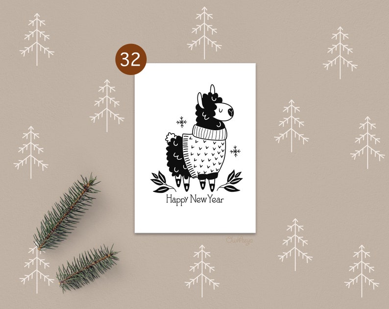 K&ouml;nnte beinhalten: Schwarz-wei&szlig;-Illustration eines Lamas, das einen Strickpullover und einen festlichen Hut tr&auml;gt. Das Lama steht auf einem schneebedeckten Hintergrund mit Schneeflocken. Der Text "Happy New Year" steht unter dem Lama.
