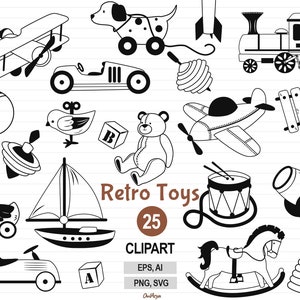 Schwarz Vintage Kindergarten Spielzeug Clipart, Umriss Spielzeug Vektor SVG, Vintage Plüschtiere, Retro Auto Clipart, Linie Flugzeug, Kinderzimmer Scrapbooking