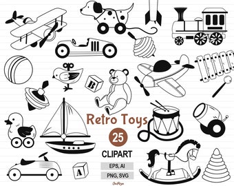 Schwarz Vintage Kindergarten Spielzeug Clipart, Umriss Spielzeug Vektor SVG, Vintage Plüschtiere, Retro Auto Clipart, Linie Flugzeug, Kinderzimmer Scrapbooking