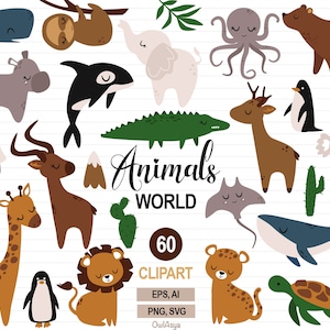 Animals World SVG, Dschungeltiere Clipart, Seetiere PNG, Waldtier svg, Kindergarten druckbare Datei, Safari-Tier, Wald, kommerzielle Nutzung