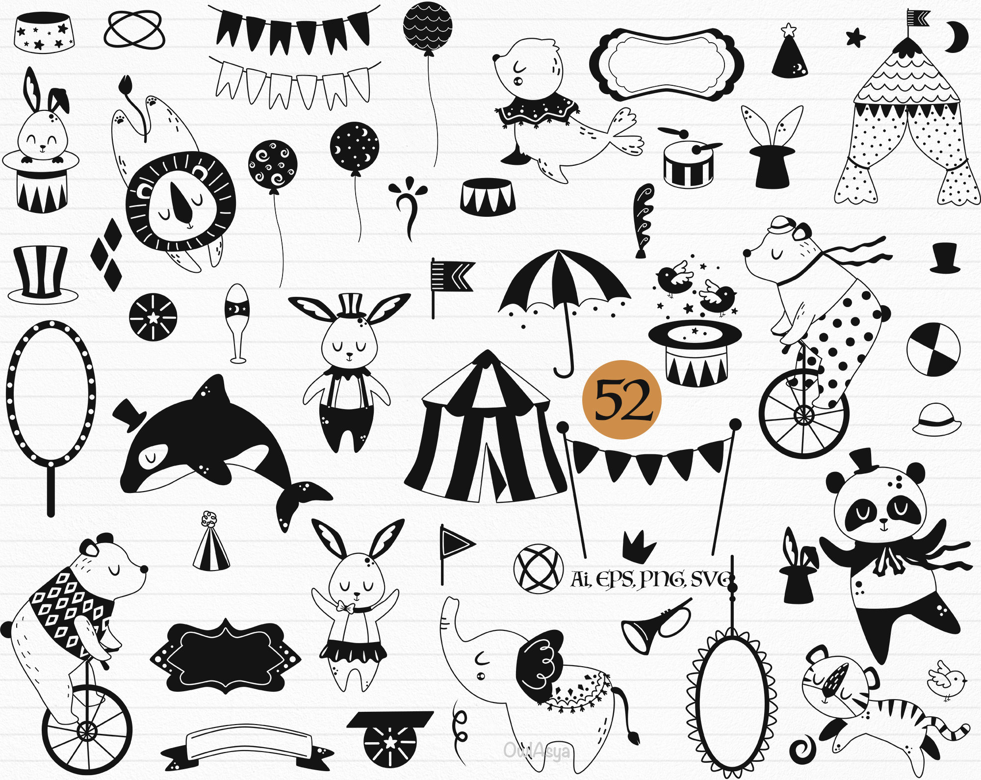 Black Circus Clipart, Black Animals SVG, Circus Animals PNG, Line
