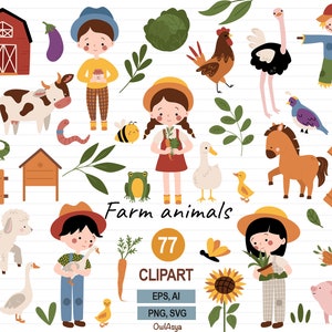Niedliches Bauernhof Clipart, Bauernhof Tiere, kleiner Bauer SVG, Kinderzimmer Dekor, Vektor Bauernhof, druckbare Kunst, Bauernhaus SVG, Tiere Alphabet Clipart