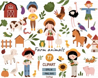 May include: A set of 77 colorful cartoon farm animal illustrations, including a cow, pig, horse, chicken, rooster, sheep, goose, frog, ladybug, and a scarecrow. The illustrations are perfect for creating farm-themed crafts, cards, and other projects.