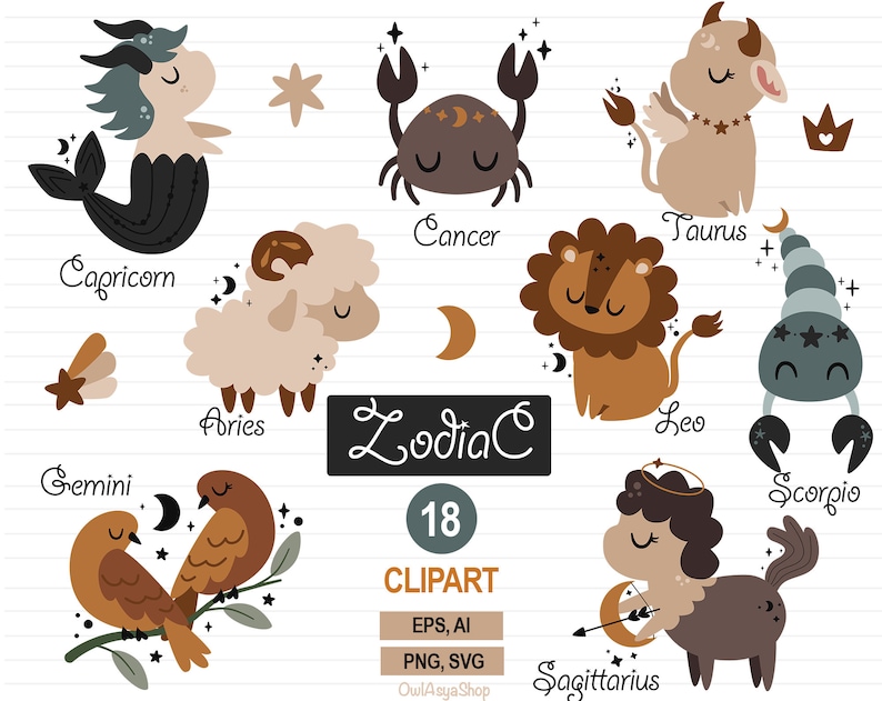 Pode incluir: Um conjunto de 12 ilustra&ccedil;&otilde;es coloridas dos signos do zod&iacute;aco. Cada signo &eacute; representado por um animal bonito, com um fundo simples de linhas brancas. O texto "Zodiac" est&aacute; escrito em preto com um contorno branco. O texto "18 clipart" est&aacute; escrito em um c&iacute;rculo com um contorno branco. O texto "EPS, AI, PNG, SVG" est&aacute; escrito em preto. O texto "OwlAsya Shop" est&aacute; escrito em preto.