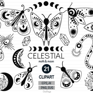 Celestial Moon svg, Motte Clipart, Boho Mond Clipart, Schmetterling svg, Mondphase png, mystische svg, Moonchild Clipart, kommerzielle Nutzung
