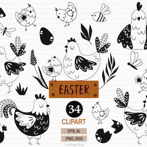 Ostern Plotterdatei, Osterhühner SVG, Osterhühner Clipart, Osterhühner SVG, Osterei Png, Schwarz weiß, Pflanze PNG