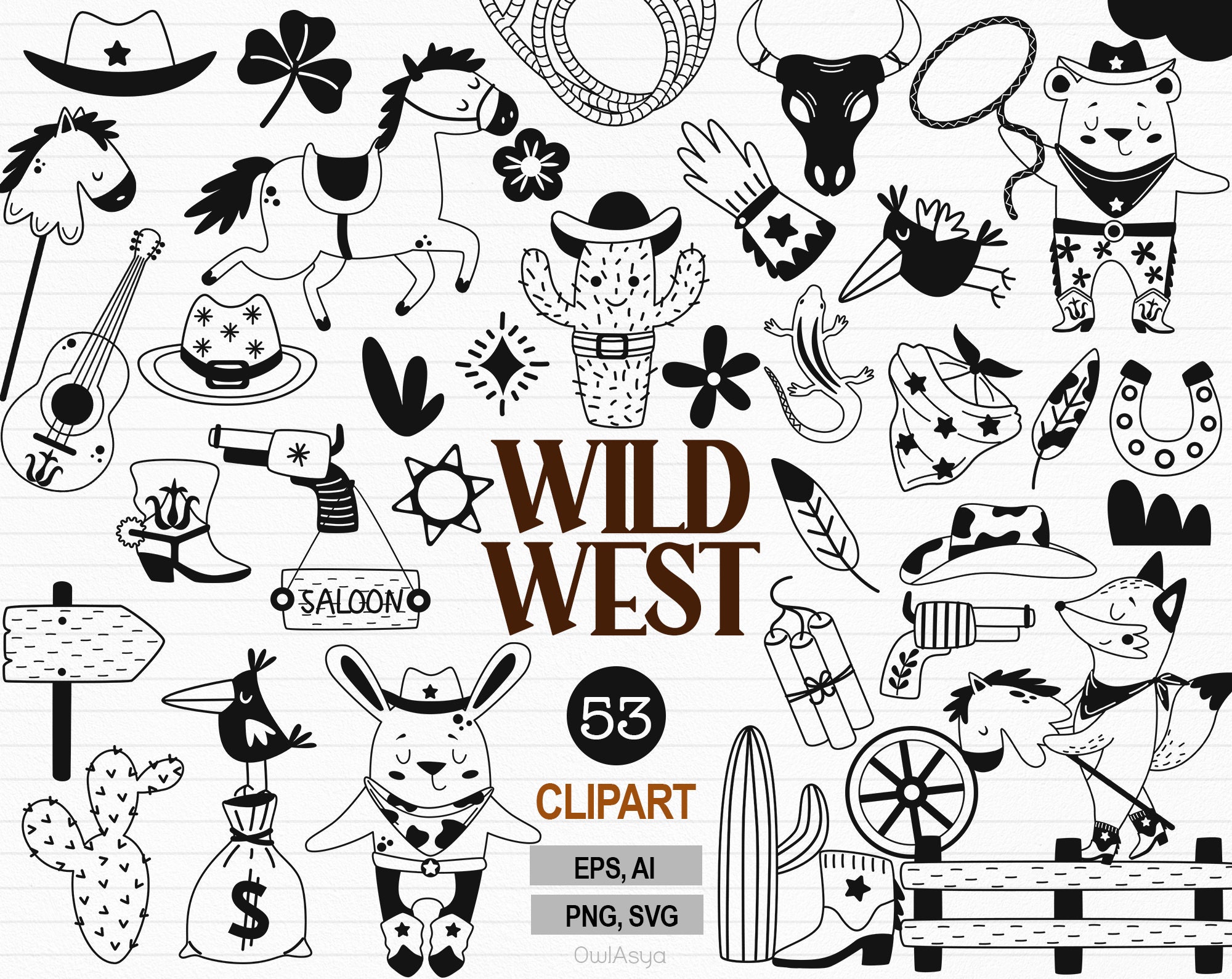 Black Wild West Clipart, Black Western Animals SVG, Black Cowboy