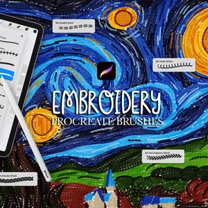May include: A digital artwork showing a tablet and stylus, displaying embroidery brushes for Procreate. The background is a rendition of Van Gogh's "Starry Night," with the text "EMBROIDERY PROCREATE BRUSHES". Various brush styles are shown.