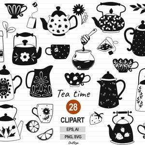 May include: Black and white clipart illustrations of teapots, teacups, tea bags, honey, and other tea-related items. The text "Tea time 28 clipart" is included in the image.