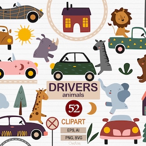 May include: A set of 52 colorful clipart illustrations featuring animals driving cars. The animals include a lion, zebra, rhino, giraffe, elephant, and bear. The cars are various colors and styles, including a convertible, a pickup truck, and a sedan. The clipart is perfect for creating fun and whimsical designs for children's books, websites, and other projects.