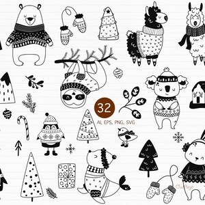K&ouml;nnte beinhalten: Schwarz-wei&szlig;e Illustrationen von Wintertieren, die Pullover tragen, darunter ein B&auml;r, ein Lama, ein Faultier, ein Koala, ein Pinguin, eine Robbe und ein Kaninchen. Es gibt auch Illustrationen von B&auml;umen, Bergen, einem Haus, F&auml;ustlingen, einem Zuckerrohr und einer Tasse hei&szlig;er Schokolade.
