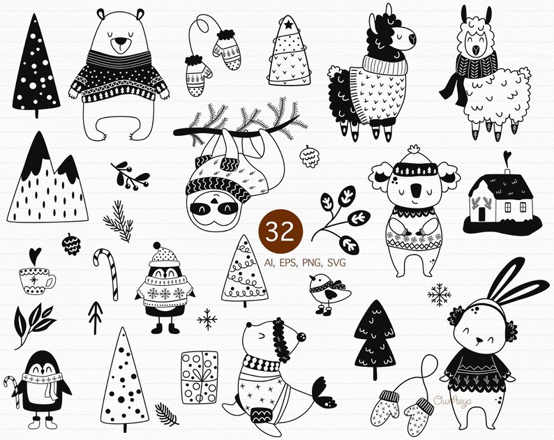 K&ouml;nnte beinhalten: Schwarz-wei&szlig;e Illustrationen von Wintertieren, die Pullover tragen, darunter ein B&auml;r, ein Lama, ein Faultier, ein Koala, ein Pinguin, eine Robbe und ein Kaninchen. Es gibt auch Illustrationen von B&auml;umen, Bergen, einem Haus, F&auml;ustlingen, einem Zuckerrohr und einer Tasse hei&szlig;er Schokolade.
