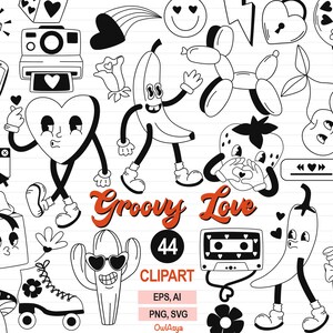 Zwarte Retro Groovy Valentine clipart, hippie liefde SVG, lijn hart Valentijnsdag clipart, retro jaren 90 vrede smiley, individuele png SVG
