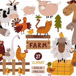 Farm animals clipart, Animals svg, Farm bundle, Cute farm animal, Ranch clipart, Cow Pig Horse Lamb Duck Chicken Ram Goat PNG, Commercial