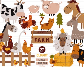 May include: A set of 27 cartoon farm animal illustrations. The animals include a cow, pig, donkey, sheep, goat, goose, chicken, duck, and a tiger. The illustrations are in a colorful, whimsical style and are perfect for use in children's books, crafts, or other creative projects.