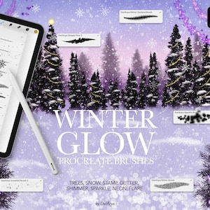 Puede incluir: Una ilustración digital de una escena invernal con árboles, nieve y brillo. La imagen incluye un conjunto de pinceles Procreate para arte digital, titulado "Winter Glow" por OwlAsya. Los pinceles incluyen opciones para árboles, nieve, brillo, brillo, chispa, neón y destello.
