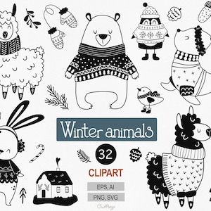 Animali invernali SVG, Clipart animali neri, Natale scandinavo, Albero nero SVG, Animali carini PNG, Clipart vacanze, Decorazioni natalizie nere