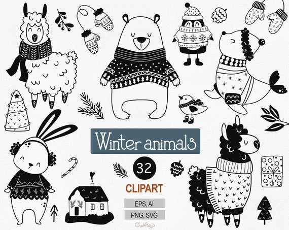 Winter Animals SVG, Black Animal Clipart, Scandinavian Christmas, Black Tree svg, Cute Animals PNG, Holiday Clipart, Christmas Black Decor