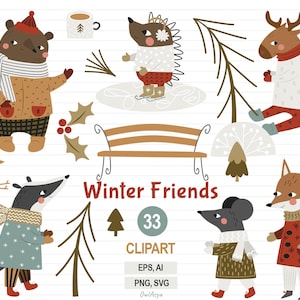 Op de afbeelding: Een set van 33 winterse clipart-afbeeldingen met verschillende dieren, waaronder een beer, een egel, een eland, een das, een muis en een vos. De dieren zijn gekleed in winterkleding en worden omringd door bomen en een bankje. De tekst "Winter Friends" is geschreven in een speels lettertype.