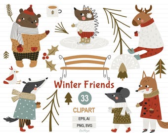 Winter Waldtiere Clipart, Waldtiere SVG, Kinderzimmer Dekor, Vektor Wald, druckbare Kunst, Fuchs Bär Wolf, Wild Hirsch, Dachs