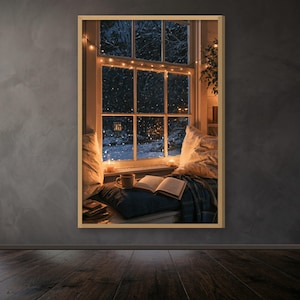 Cuadro acogedor junto a la ventana con nieve cayendo, guirnalda de luces para rincón de lectura, lienzo impreso de invierno