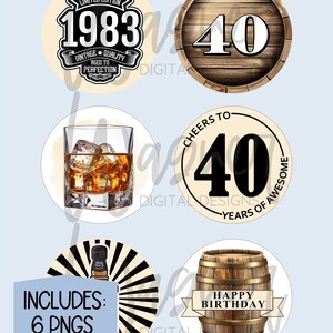 Vintage Geburtstag Cupcake Toppers 40th Cheers Years Whisky Jack Eddie Drucker Digital Sofort Download PNG Drucker enthält NICHT STL
