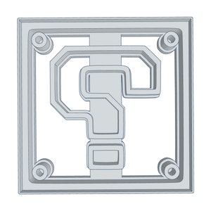 May include: A gray, square-shaped block with a question mark design in the center. The block has rounded corners and a three-dimensional appearance. The question mark is also gray and has a stylized, geometric shape.