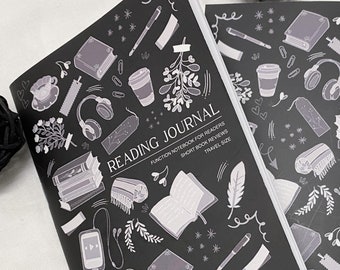 May include: Black reading journal with white illustrations of books, coffee cups, headphones, and other reading-related items. The journal cover reads "Reading Journal" and "Function Notebook for Readers Short Book Reviews Travel Size".