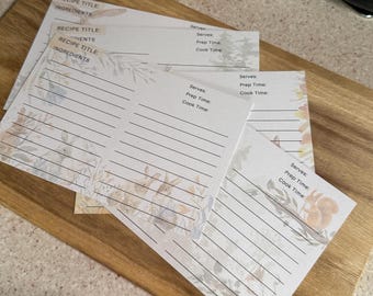 Watercolor Woodland Animal Recipe Cards – Double-Sided, 4x6 (25 pcs)