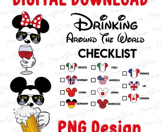Mickey Beer Minnie Wine Front and Back PNG, Epcot Drinking Around The World Png, Drinking Around the world checklist, Mouse Couple Png