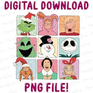 Christmas Movie Characters PNG, Funny Holiday Clipart, Grinch Jack Frosty Buddy Sublimation, Xmas Digital Download, Retro Cartoon Art