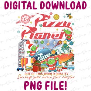 Pizza Planet Christmas PNG, Alien Space Xmas Clipart, Funny Holiday Cartoon Design, Toy Galaxy Sublimation, Santa Alien Digital Art