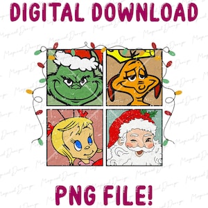 Grinch Christmas PNG, Retro Cartoon Santa Clipart, Cindy Lou Max Dog Xmas Art, Vintage Holiday Sublimation, Cute Funny Christmas Design