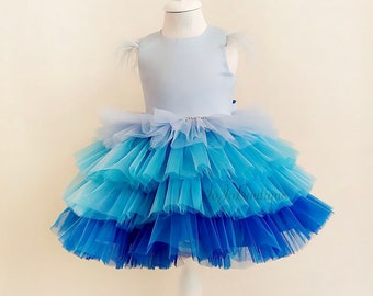 Ombre Birthday Girl Dress, Flower Girl Dress, First Birthday Dress, Blue Ombre Tutu Dress, Girl Tiered Dress, Tulle Toddler Dress