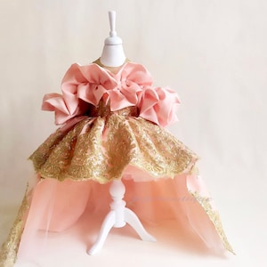 Baby girl dress. Pink gold. Sparkle gold lace. For special occasion, high low, princess gown, couture gown.