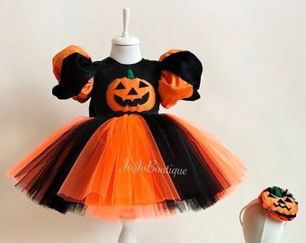 Halloween Pumpkin Tutu Dress, Customizable Halloween Dress, Black and Orange Balloon Sleeve Dress, Halloween Party Dress
