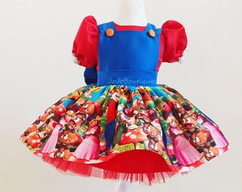 Toddler Girl Super Mario Birthday Dress, Princess Peach Inspired Costume, Handmade Party Outfit