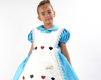 Vestido de Alicia en el País de las Maravillas para niña, vestido azul con delantal de encaje blanco, hecho a mano, talla personalizada.