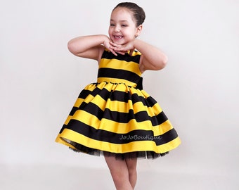 Handmade Bee Tutu Dress, Yellow Black Striped Birthday Outfit, Toddler Costume Headband
