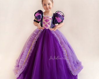 Disney Inspired Rapunzel Princess Dress Costume Set, Birthday Party Dress For Girls With Crown, Ball Gown, Dress Up, Rapunzel