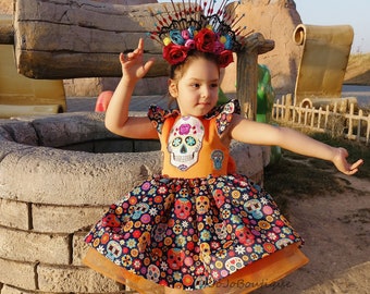 Day of the Dead Costume,Sugar Skull Skeleton Costume for Toddler,Skull Halloween Costume Girls with Flower Hairbow, Dia de Los Muertos Dress