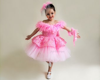 Pink Ball Gown for Toddler Baby Pink Princess Outfit Tutu Girl Birthday Dress Ostrich Feather Prom Dress Girl Feather Boa Tutu Costum