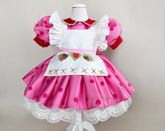 Strawberry Shortcake Inspired Costume with Hat and Apron, Polka Dot Pink Baby Dress, Pink Tutu Dress, Ball Gown for Toddler Birthday Dress
