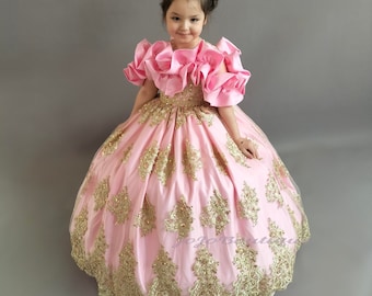 Pink Gold Lace Flower Girl Dress, Princess Toddler Wedding Party Outfit