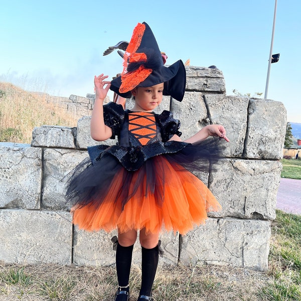 Disfraz de bruja de Halloween para niño pequeño, disfraz de Halloween de niña, disfraz de bruja para niño pequeño, vestido de bruja con sombrero de bruja, vestido de bruja negro naranja