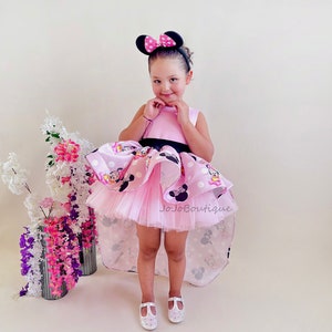 Vestido rosa de Minnie Mouse, traje de Minnie Mouse para niña pequeña, disfraz de Minnie Mouse de Disney, vestido de cumpleaños de Minnie Mouse para bebé con cola desmontable