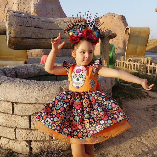 Disfraz del Día de los Muertos, disfraz de esqueleto de calavera de azúcar para niños pequeños, disfraz de Halloween de calavera para niñas con lazo de flores, vestido del Día de Los Muertos