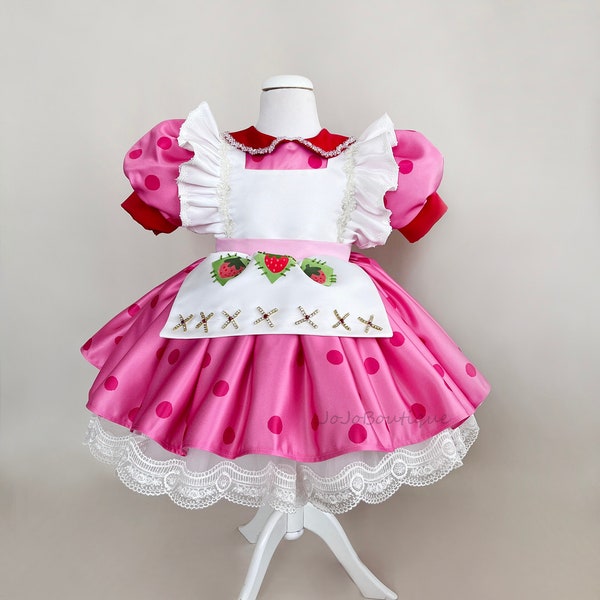 Strawberry Shortcake Inspired Costume with Hat and Apron, Polka Dot Pink Baby Dress, Pink Tutu Dress, Ball Gown for Toddler Birthday Dress