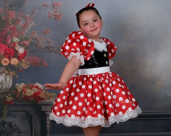 Vestido de Minnie Mouse hecho a mano con diadema, disfraz de lunares