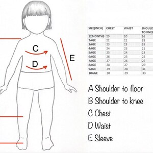 May include: A diagram illustrating children's clothing measurements. The image includes a child's figure with labeled measurement lines for chest, waist, sleeve, shoulder to knee, and shoulder to floor. A size chart is also included, with measurements in inches.